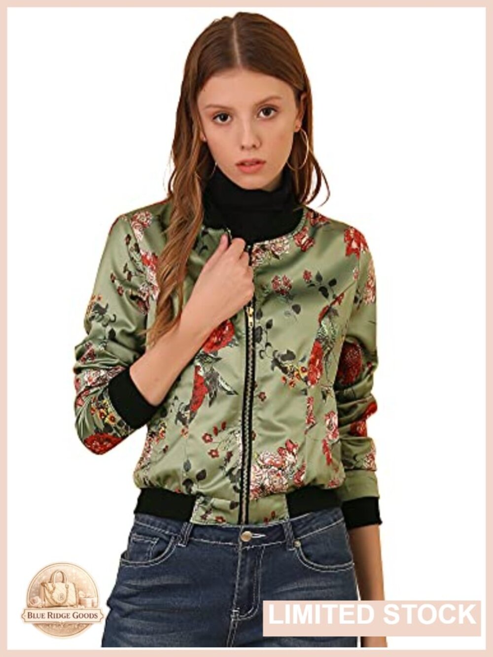 Women's Satin Floral Bomber Jacket Lightweight Zip Up Casual Coat